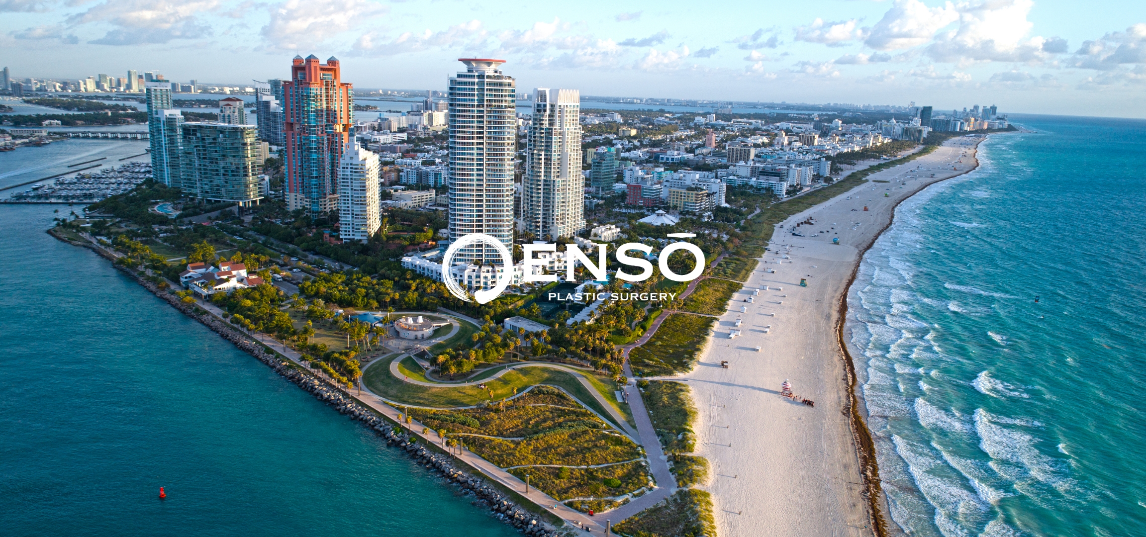 View of Miami from a drone with Enso logo overlay